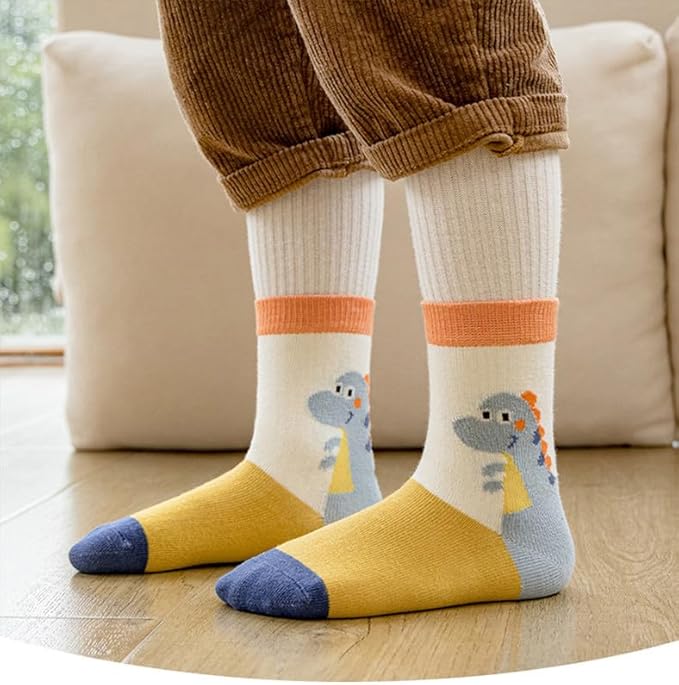 Padgene 10 Pairs Kids Boys Fun Novelty Socks Toddler None Slip Cotton Crew Dress Socks Cartoon Dinosaur Car Shark Stripes