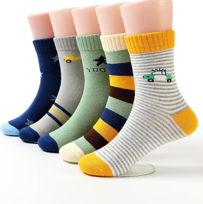 Padgene 10 Pairs Kids Boys Fun Novelty Socks Toddler None Slip Cotton Crew Dress Socks Cartoon Dinosaur Car Shark Stripes