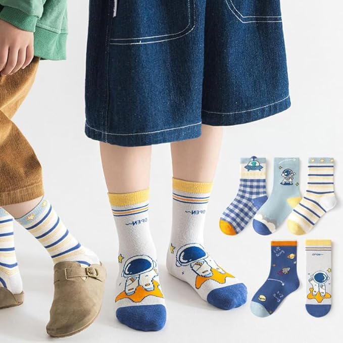 Padgene 10 Pairs Kids Boys Fun Novelty Socks Toddler None Slip Cotton Crew Dress Socks Cartoon Dinosaur Car Shark Stripes