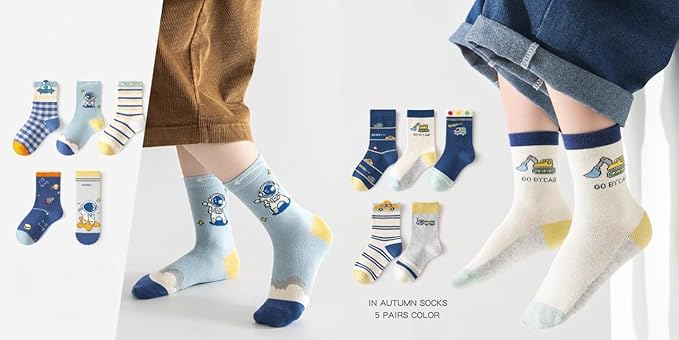 Padgene 10 Pairs Kids Boys Fun Novelty Socks Toddler None Slip Cotton Crew Dress Socks Cartoon Dinosaur Car Shark Stripes