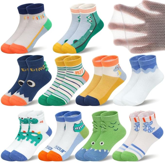 Padgene 10 Pairs Kids Boys Fun Novelty Socks Toddler None Slip Cotton Crew Dress Socks Cartoon Dinosaur Car Shark Stripes