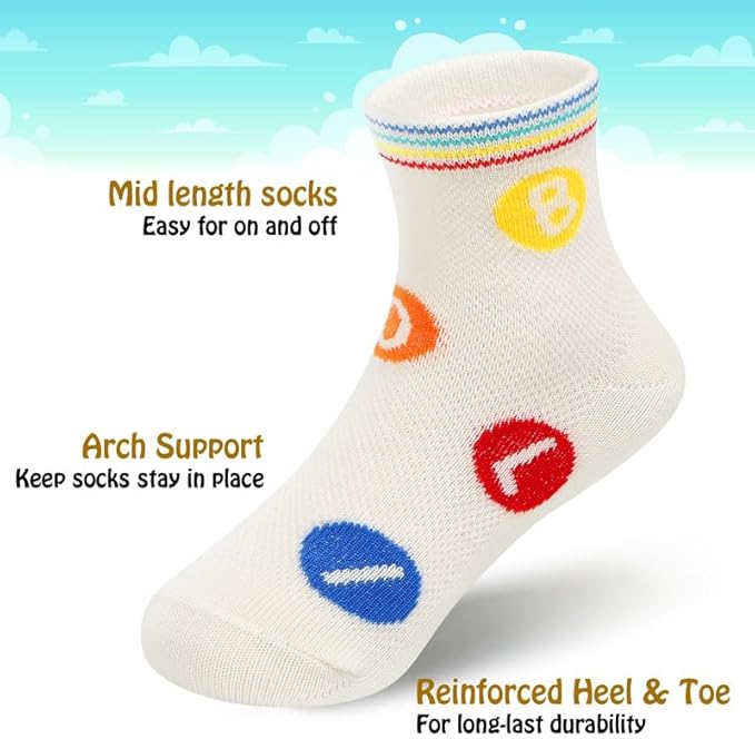 Padgene 10 Pairs Kids Boys Fun Novelty Socks Toddler None Slip Cotton Crew Dress Socks Cartoon Dinosaur Car Shark Stripes