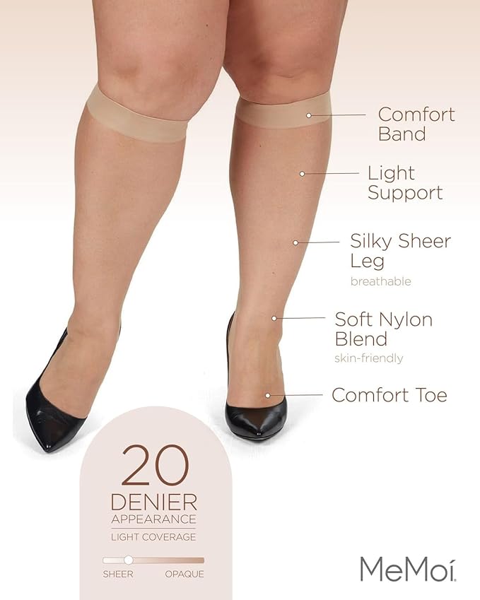 MeMoi 2 Pack Energizing Curvy Knee Highs for Women, Breathable Sheer Knee High Socks - Sizes 1X-4X