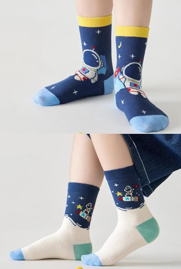 Padgene 10 Pairs Kids Boys Fun Novelty Socks Toddler None Slip Cotton Crew Dress Socks Cartoon Dinosaur Car Shark Stripes