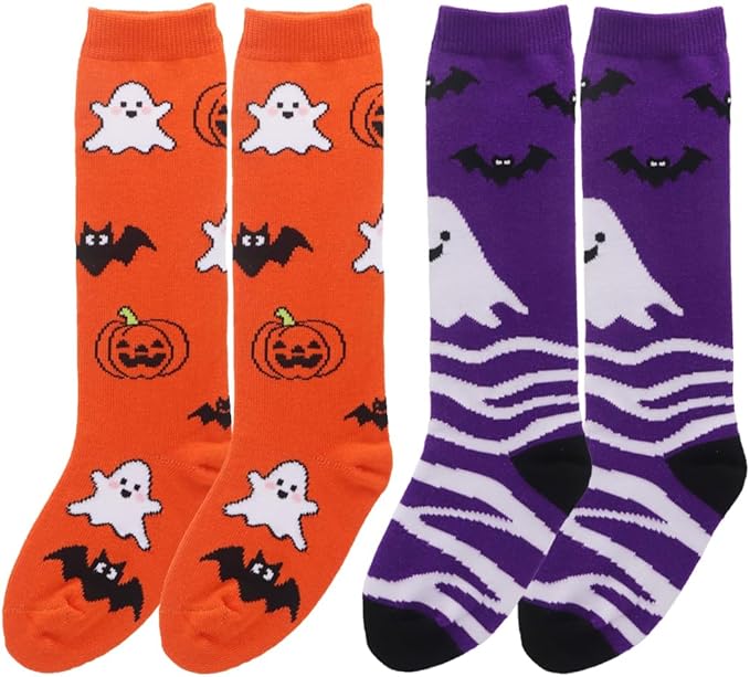 Halloween Socks for Girls Boys Toddlers, Orange Purple Knee High Halloween Socks with Cute Pumpkin/Bat/Ghost