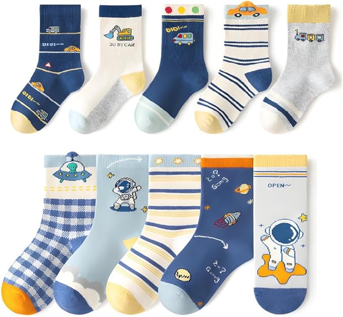 Padgene 10 Pairs Kids Boys Fun Novelty Socks Toddler None Slip Cotton Crew Dress Socks Cartoon Dinosaur Car Shark Stripes