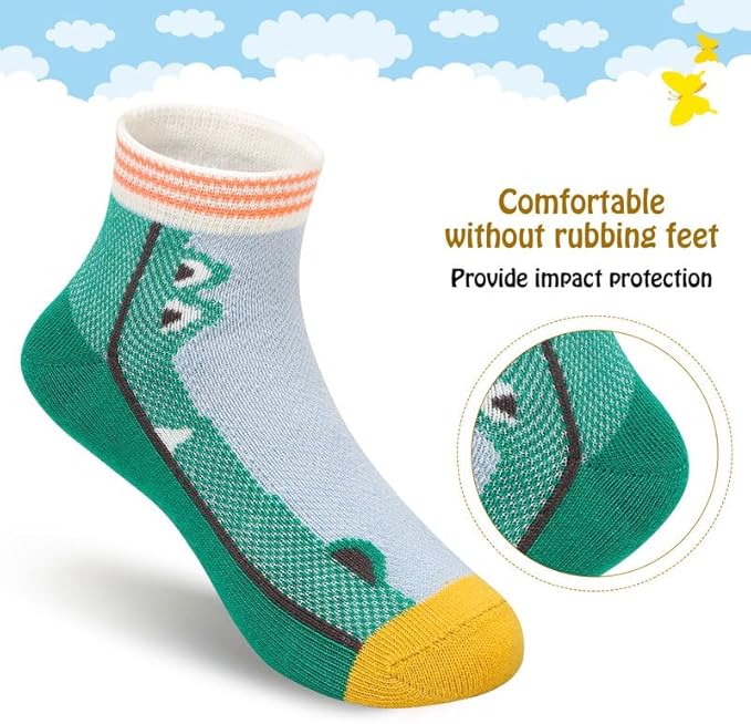 Padgene 10 Pairs Kids Boys Fun Novelty Socks Toddler None Slip Cotton Crew Dress Socks Cartoon Dinosaur Car Shark Stripes