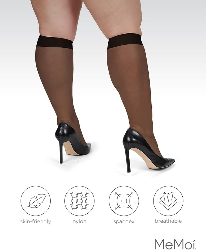 MeMoi 2 Pack Energizing Curvy Knee Highs for Women, Breathable Sheer Knee High Socks - Sizes 1X-4X