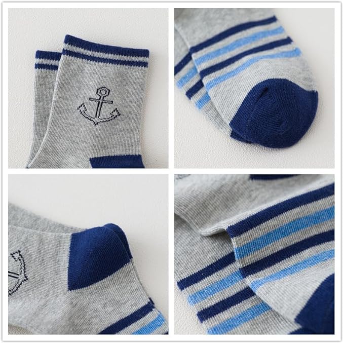 Padgene 10 Pairs Kids Boys Fun Novelty Socks Toddler None Slip Cotton Crew Dress Socks Cartoon Dinosaur Car Shark Stripes