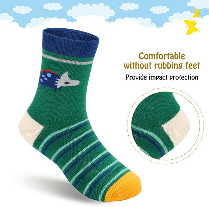 Padgene 10 Pairs Kids Boys Fun Novelty Socks Toddler None Slip Cotton Crew Dress Socks Cartoon Dinosaur Car Shark Stripes