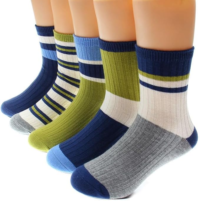 Padgene 10 Pairs Kids Boys Fun Novelty Socks Toddler None Slip Cotton Crew Dress Socks Cartoon Dinosaur Car Shark Stripes