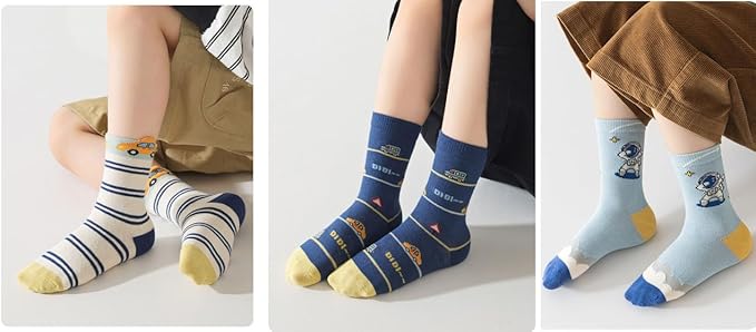 Padgene 10 Pairs Kids Boys Fun Novelty Socks Toddler None Slip Cotton Crew Dress Socks Cartoon Dinosaur Car Shark Stripes