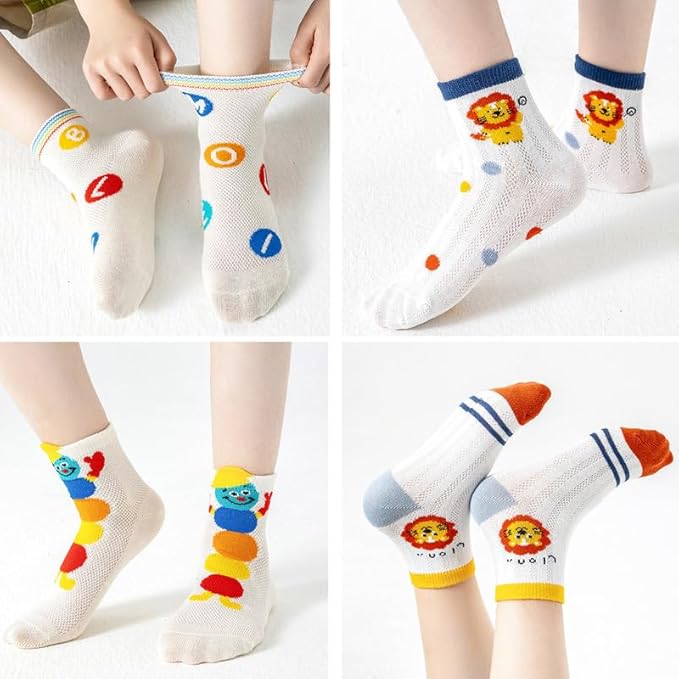 Padgene 10 Pairs Kids Boys Fun Novelty Socks Toddler None Slip Cotton Crew Dress Socks Cartoon Dinosaur Car Shark Stripes