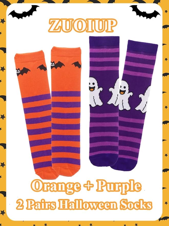 Halloween Socks for Girls Boys Toddlers, Orange Purple Knee High Halloween Socks with Cute Pumpkin/Bat/Ghost