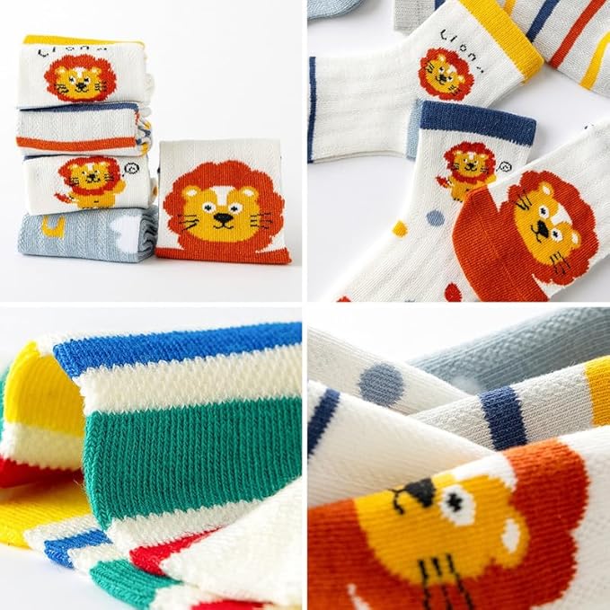 Padgene 10 Pairs Kids Boys Fun Novelty Socks Toddler None Slip Cotton Crew Dress Socks Cartoon Dinosaur Car Shark Stripes