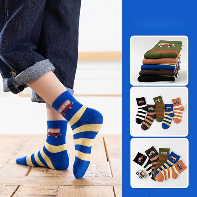 Padgene 10 Pairs Kids Boys Fun Novelty Socks Toddler None Slip Cotton Crew Dress Socks Cartoon Dinosaur Car Shark Stripes