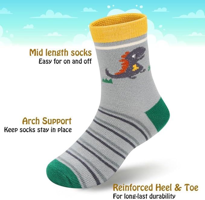 Padgene 10 Pairs Kids Boys Fun Novelty Socks Toddler None Slip Cotton Crew Dress Socks Cartoon Dinosaur Car Shark Stripes