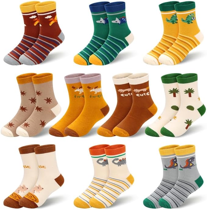 Padgene 10 Pairs Kids Boys Fun Novelty Socks Toddler None Slip Cotton Crew Dress Socks Cartoon Dinosaur Car Shark Stripes