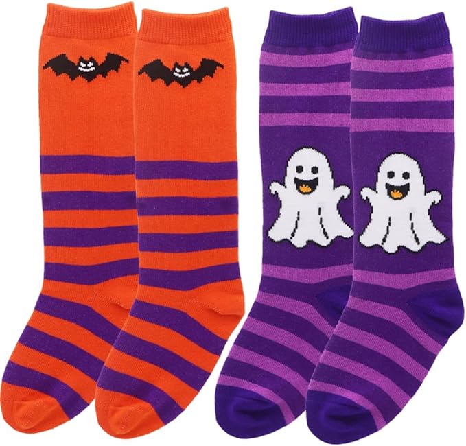 Halloween Socks for Girls Boys Toddlers, Orange Purple Knee High Halloween Socks with Cute Pumpkin/Bat/Ghost
