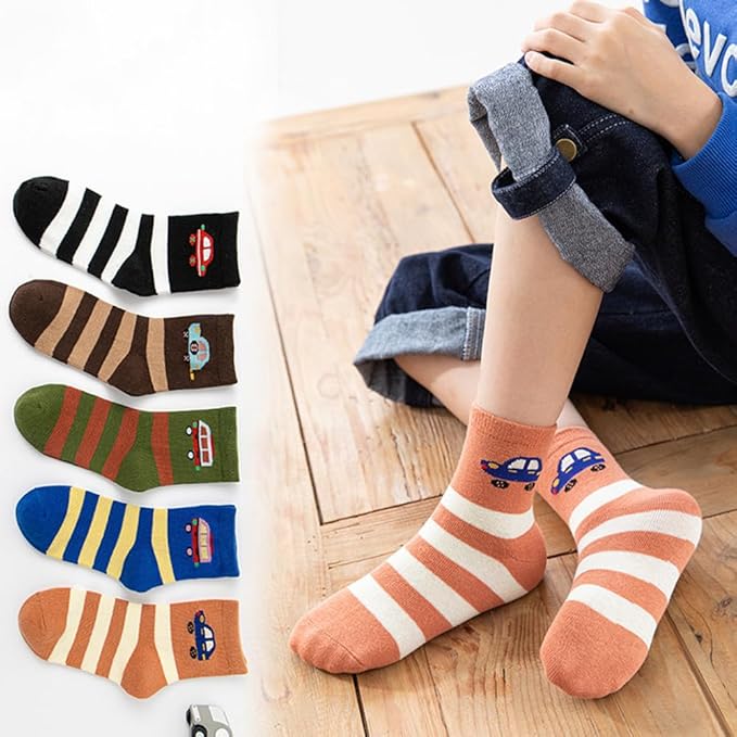 Padgene 10 Pairs Kids Boys Fun Novelty Socks Toddler None Slip Cotton Crew Dress Socks Cartoon Dinosaur Car Shark Stripes