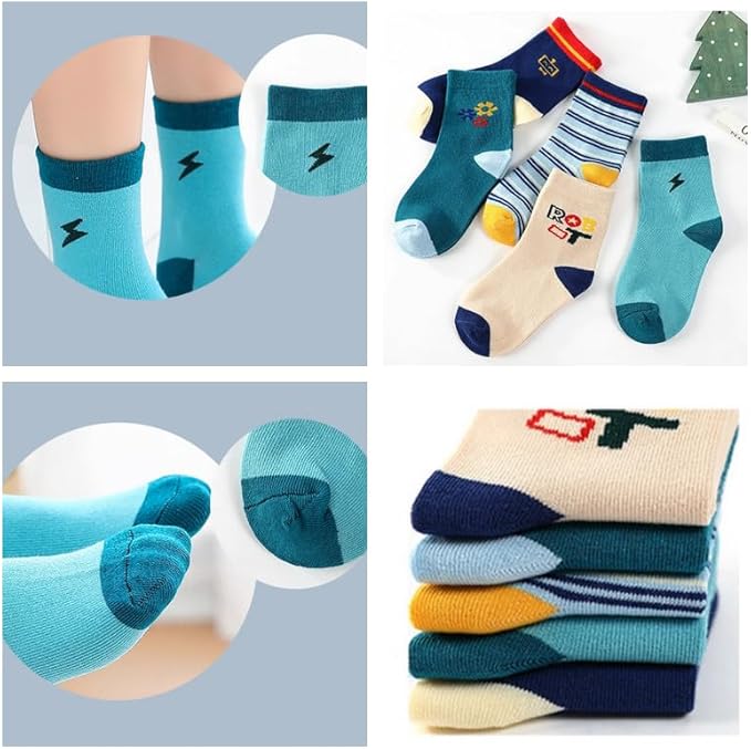 Padgene 10 Pairs Kids Boys Fun Novelty Socks Toddler None Slip Cotton Crew Dress Socks Cartoon Dinosaur Car Shark Stripes