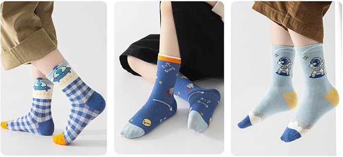 Padgene 10 Pairs Kids Boys Fun Novelty Socks Toddler None Slip Cotton Crew Dress Socks Cartoon Dinosaur Car Shark Stripes