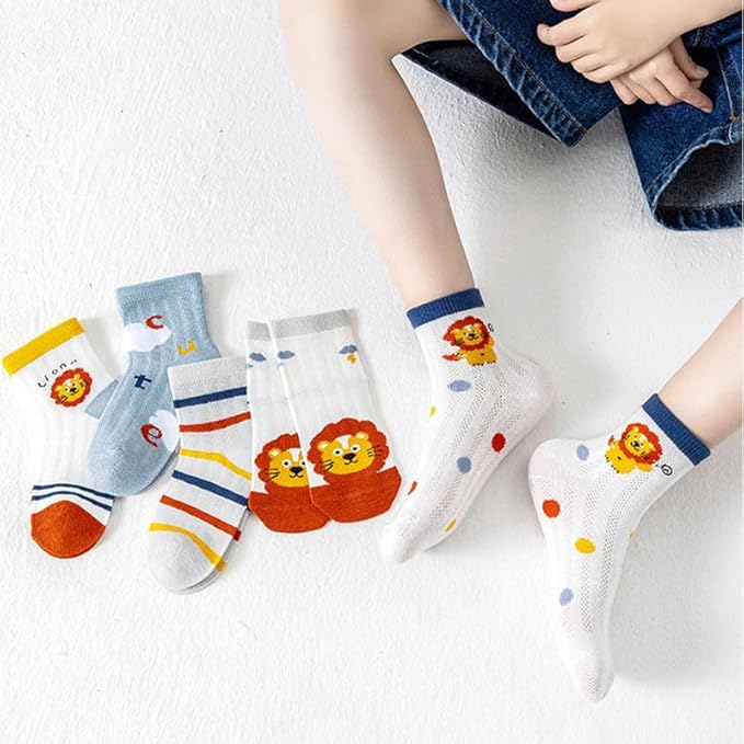 Padgene 10 Pairs Kids Boys Fun Novelty Socks Toddler None Slip Cotton Crew Dress Socks Cartoon Dinosaur Car Shark Stripes