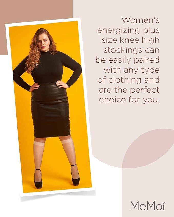 MeMoi 2 Pack Energizing Curvy Knee Highs for Women, Breathable Sheer Knee High Socks - Sizes 1X-4X