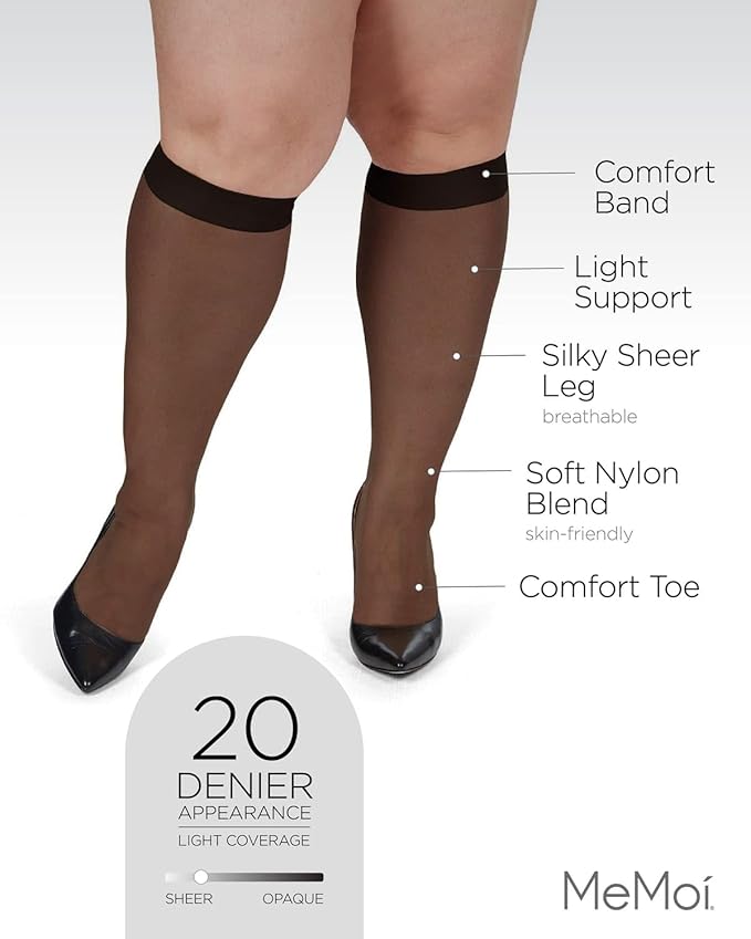 MeMoi 2 Pack Energizing Curvy Knee Highs for Women, Breathable Sheer Knee High Socks - Sizes 1X-4X