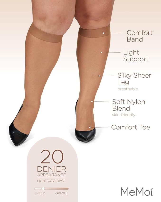 MeMoi 2 Pack Energizing Curvy Knee Highs for Women, Breathable Sheer Knee High Socks - Sizes 1X-4X