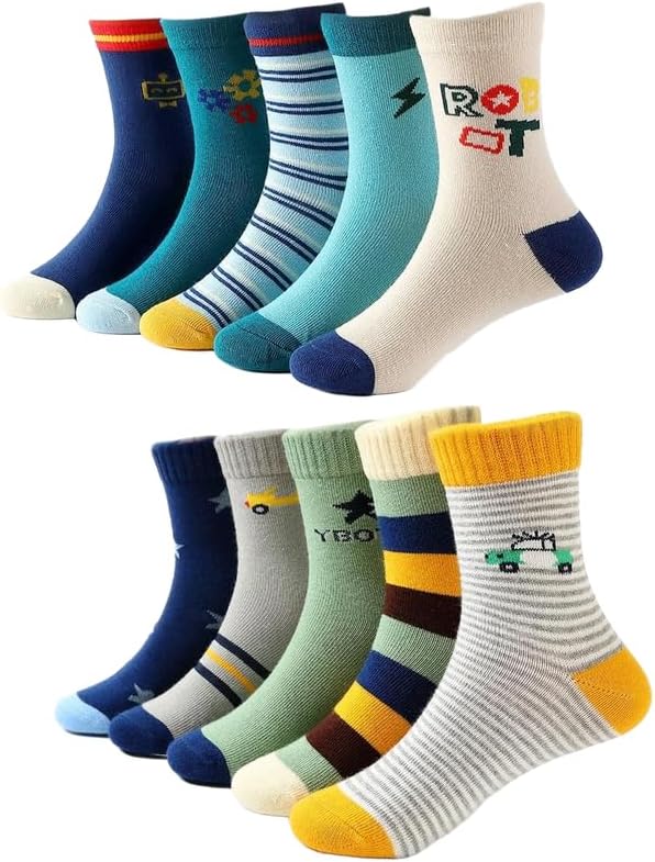 Padgene 10 Pairs Kids Boys Fun Novelty Socks Toddler None Slip Cotton Crew Dress Socks Cartoon Dinosaur Car Shark Stripes