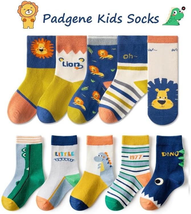 Padgene 10 Pairs Kids Boys Fun Novelty Socks Toddler None Slip Cotton Crew Dress Socks Cartoon Dinosaur Car Shark Stripes