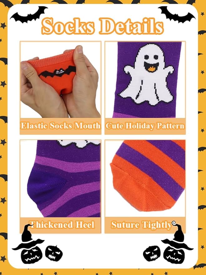 Halloween Socks for Girls Boys Toddlers, Orange Purple Knee High Halloween Socks with Cute Pumpkin/Bat/Ghost