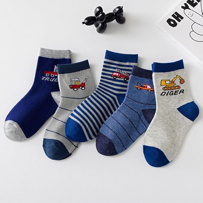 Padgene 10 Pairs Kids Boys Fun Novelty Socks Toddler None Slip Cotton Crew Dress Socks Cartoon Dinosaur Car Shark Stripes