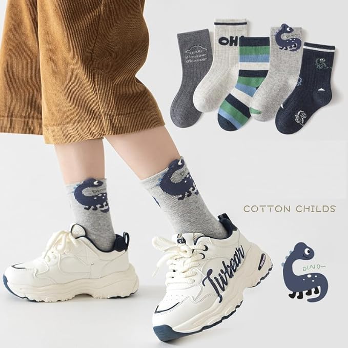 Padgene 10 Pairs Kids Boys Fun Novelty Socks Toddler None Slip Cotton Crew Dress Socks Cartoon Dinosaur Car Shark Stripes