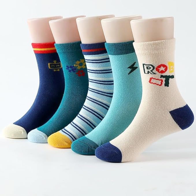 Padgene 10 Pairs Kids Boys Fun Novelty Socks Toddler None Slip Cotton Crew Dress Socks Cartoon Dinosaur Car Shark Stripes