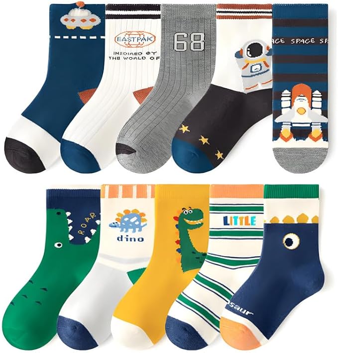 Padgene 10 Pairs Kids Boys Fun Novelty Socks Toddler None Slip Cotton Crew Dress Socks Cartoon Dinosaur Car Shark Stripes