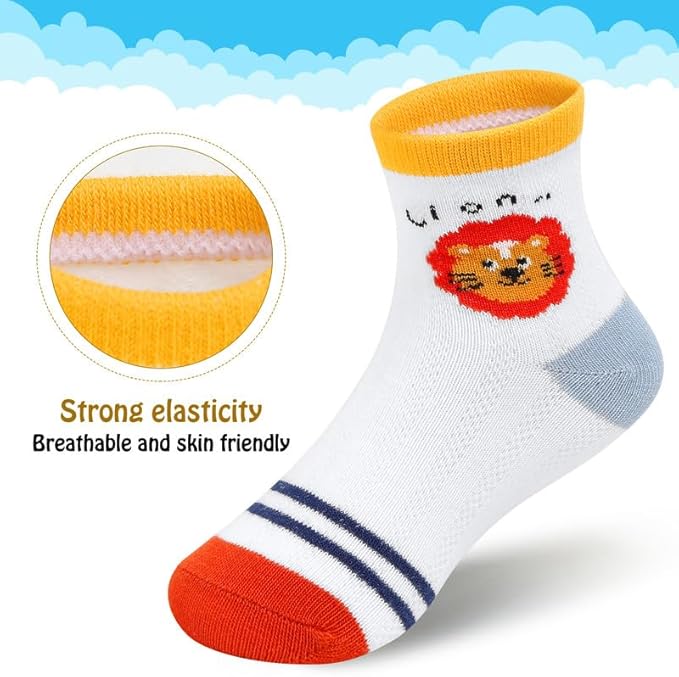 Padgene 10 Pairs Kids Boys Fun Novelty Socks Toddler None Slip Cotton Crew Dress Socks Cartoon Dinosaur Car Shark Stripes