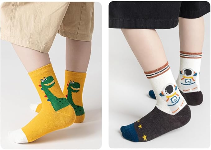 Padgene 10 Pairs Kids Boys Fun Novelty Socks Toddler None Slip Cotton Crew Dress Socks Cartoon Dinosaur Car Shark Stripes