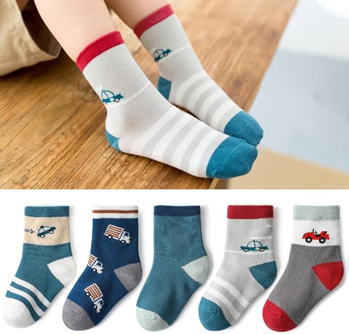 Padgene 10 Pairs Kids Boys Fun Novelty Socks Toddler None Slip Cotton Crew Dress Socks Cartoon Dinosaur Car Shark Stripes