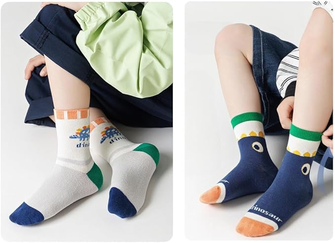 Padgene 10 Pairs Kids Boys Fun Novelty Socks Toddler None Slip Cotton Crew Dress Socks Cartoon Dinosaur Car Shark Stripes