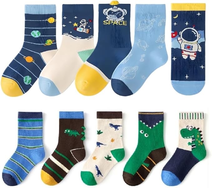 Padgene 10 Pairs Kids Boys Fun Novelty Socks Toddler None Slip Cotton Crew Dress Socks Cartoon Dinosaur Car Shark Stripes