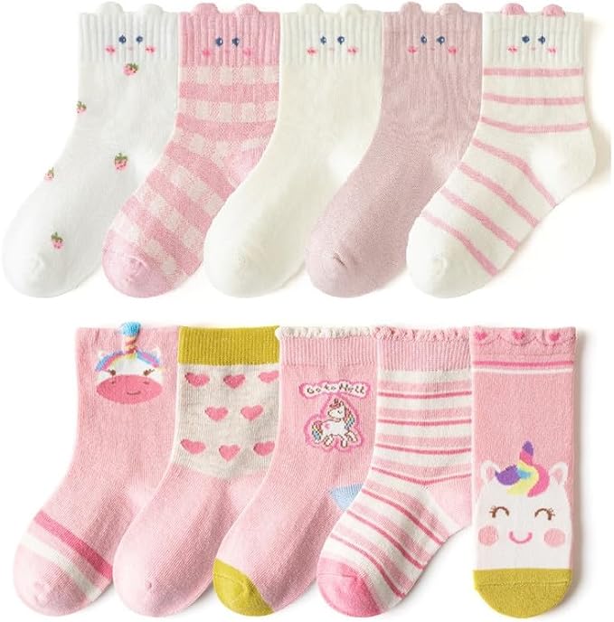 Padgene 10 Pairs Kids Boys Fun Novelty Socks Toddler None Slip Cotton Crew Dress Socks Cartoon Dinosaur Car Shark Stripes