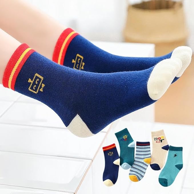 Padgene 10 Pairs Kids Boys Fun Novelty Socks Toddler None Slip Cotton Crew Dress Socks Cartoon Dinosaur Car Shark Stripes