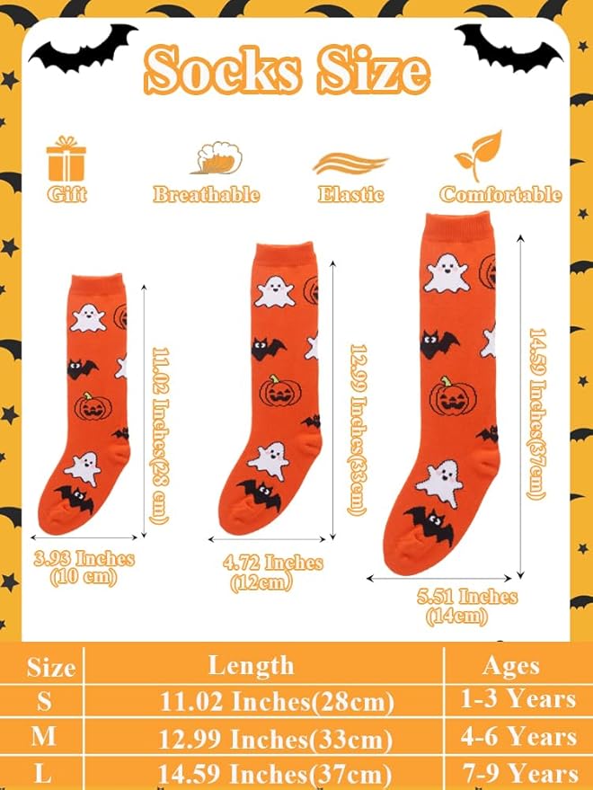 Halloween Socks for Girls Boys Toddlers, Orange Purple Knee High Halloween Socks with Cute Pumpkin/Bat/Ghost