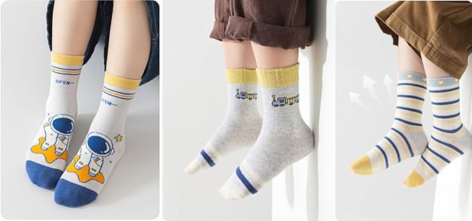 Padgene 10 Pairs Kids Boys Fun Novelty Socks Toddler None Slip Cotton Crew Dress Socks Cartoon Dinosaur Car Shark Stripes