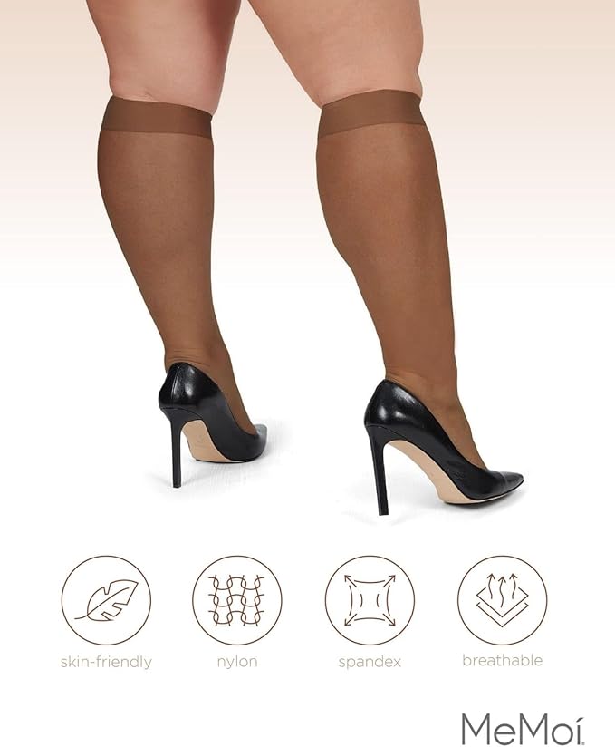 MeMoi 2 Pack Energizing Curvy Knee Highs for Women, Breathable Sheer Knee High Socks - Sizes 1X-4X