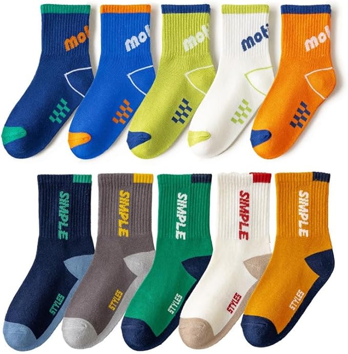 Padgene 10 Pairs Kids Boys Fun Novelty Socks Toddler None Slip Cotton Crew Dress Socks Cartoon Dinosaur Car Shark Stripes