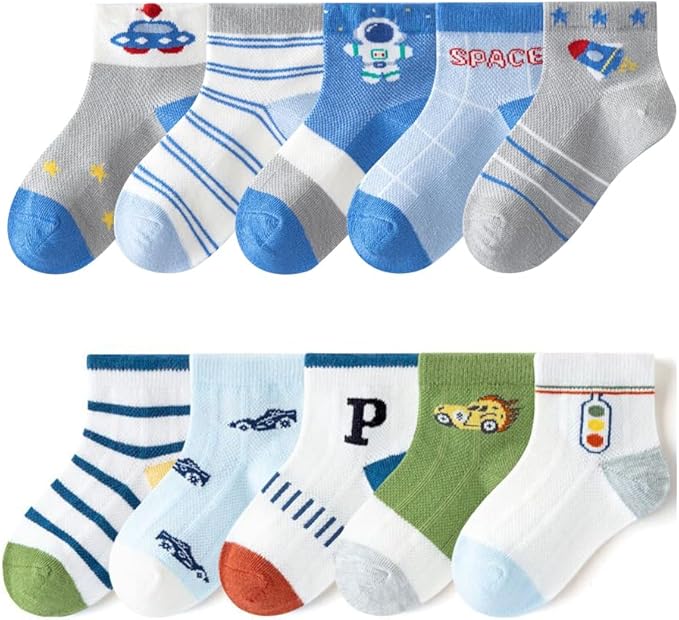 Padgene 10 Pairs Kids Boys Fun Novelty Socks Toddler None Slip Cotton Crew Dress Socks Cartoon Dinosaur Car Shark Stripes