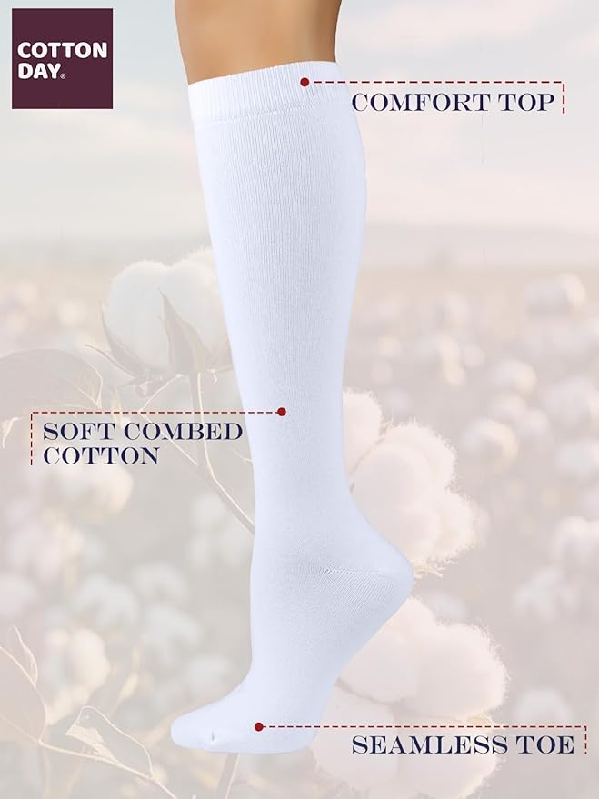 COTTON DAY Women's Soft Combed Cotton Knee High Long Calf Dress Socks Seamless Toe Black White Gray Navy Blue Brown